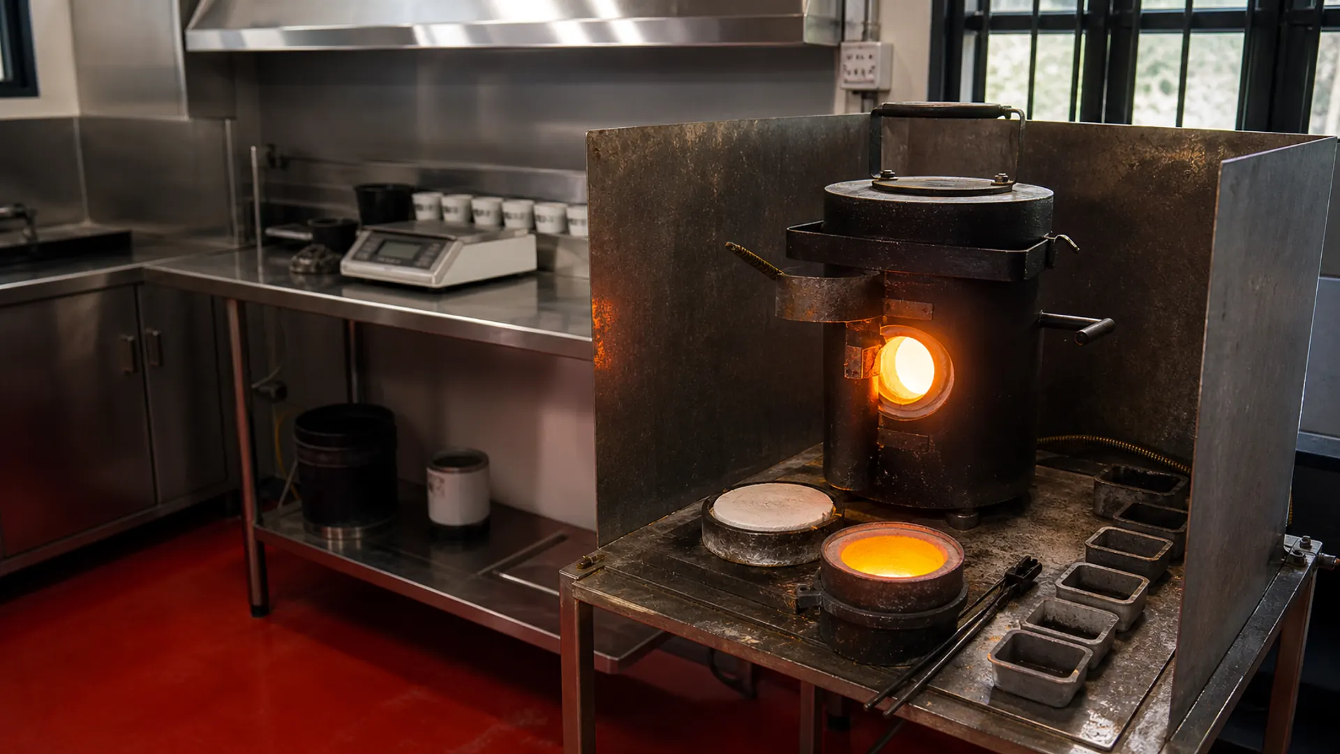 Professional fire assay kiln and cupellation equipment in a laboratory