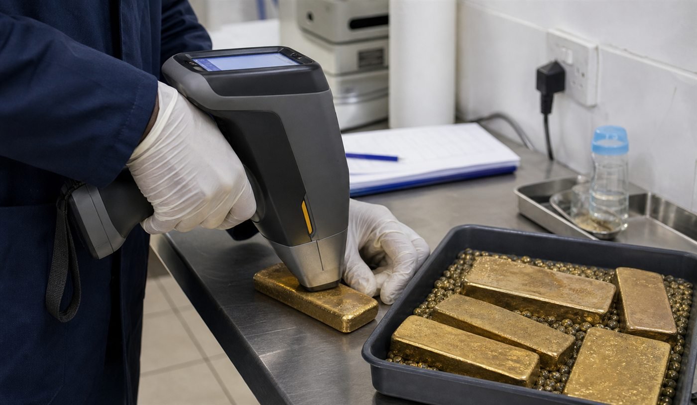 Handheld XRF analyzer testing a gold sample on a laboratory bench