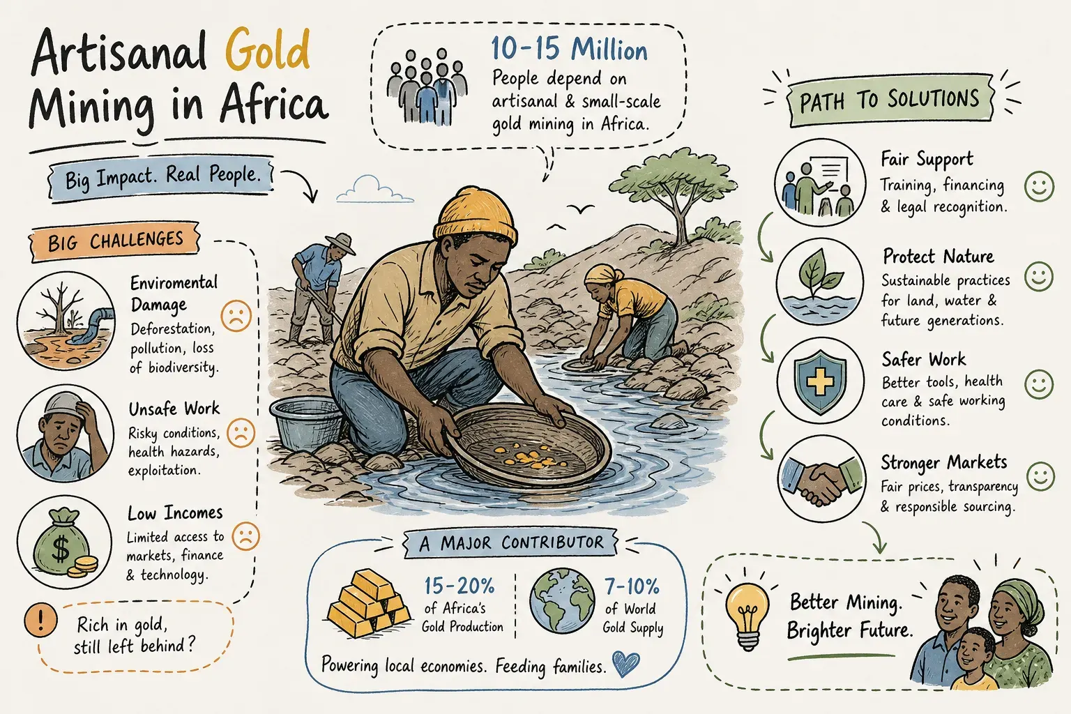 Illustration of artisanal gold mining challenges and solutions in Africa