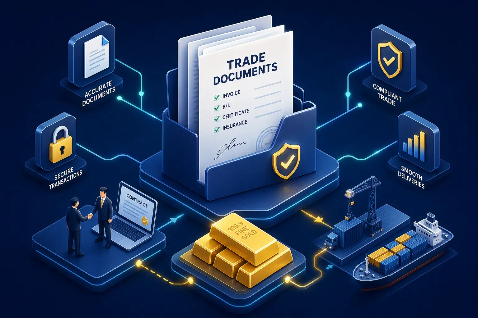 Gold trade document file connecting secure transactions and shipment