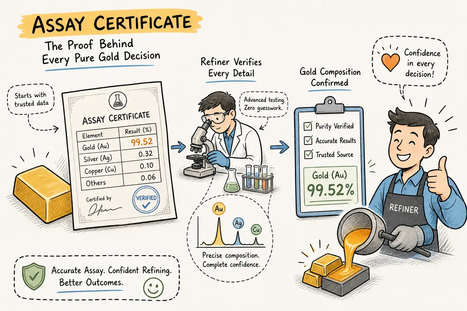 Illustration of a refiner reviewing assay evidence and gold composition